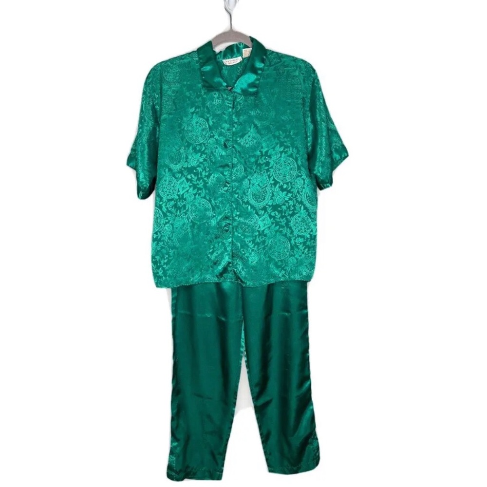 Vintage Victoria’s Secret GOLD LABEL Green Satin Floral Pajama Set sz M (c18)‎